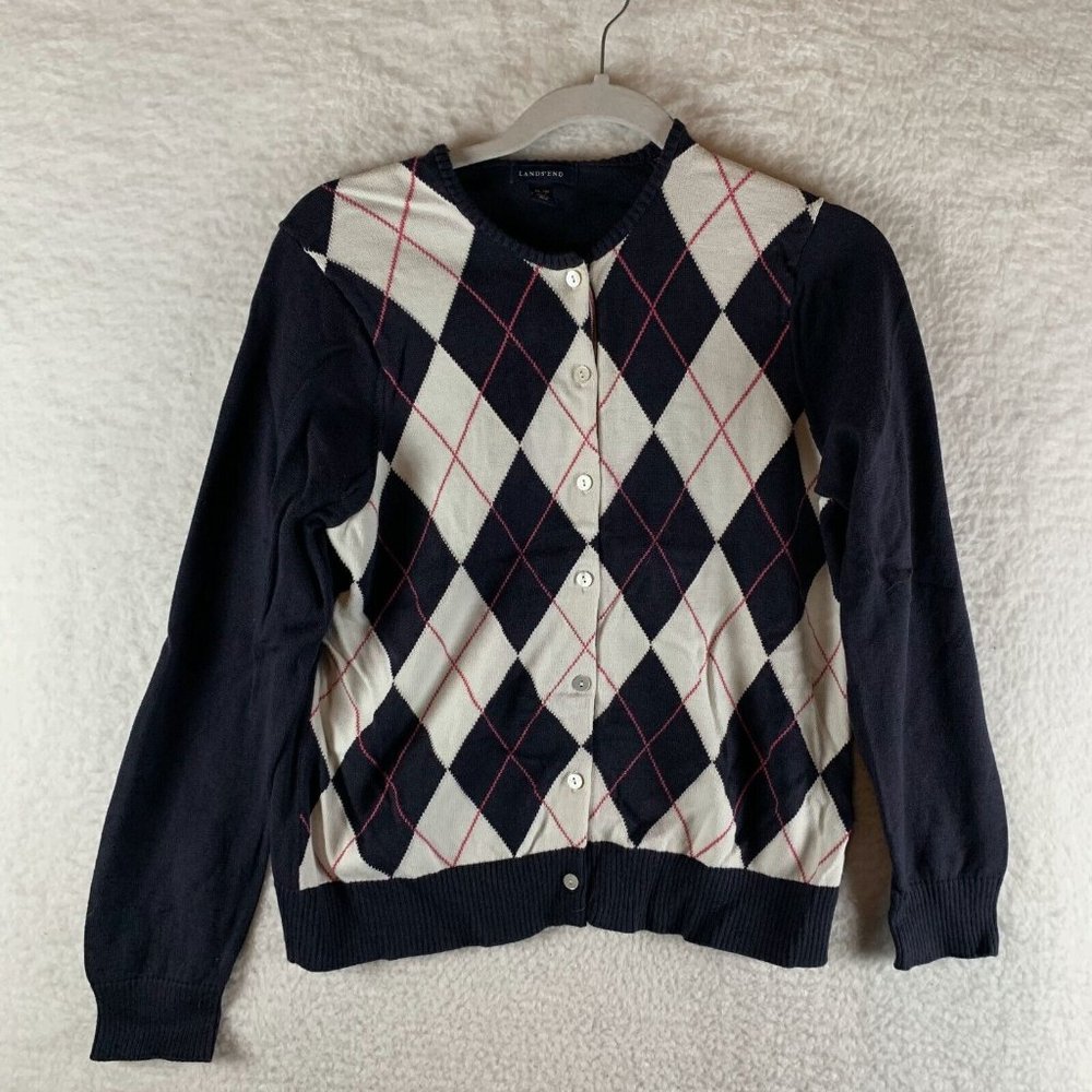Lands' End Sweater Women's Medium (10-12) Blue Argyle Long‎ Sleeve Cardigan 7971